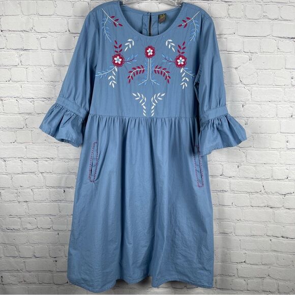 Dresses & Skirts - MYX Fusionwear blue boho embroidered cotton dress bell sleeves pockets, size L